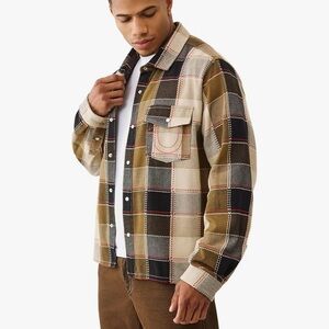 NEW!!! True Religion Men's LS Stitch Plaid Big T Western Cropped Shirt Sz L